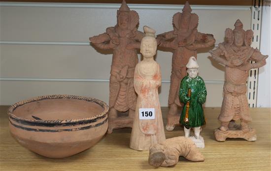 Five Chinese pottery figures, Tang dynasty or later and an Indus Valley bowl